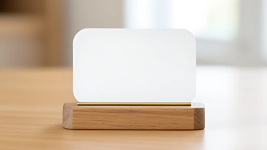 A blank white card with rounded corners standing in a light wooden base with a thin brass strip along its lower edge, on a wooden table in soft daylight.