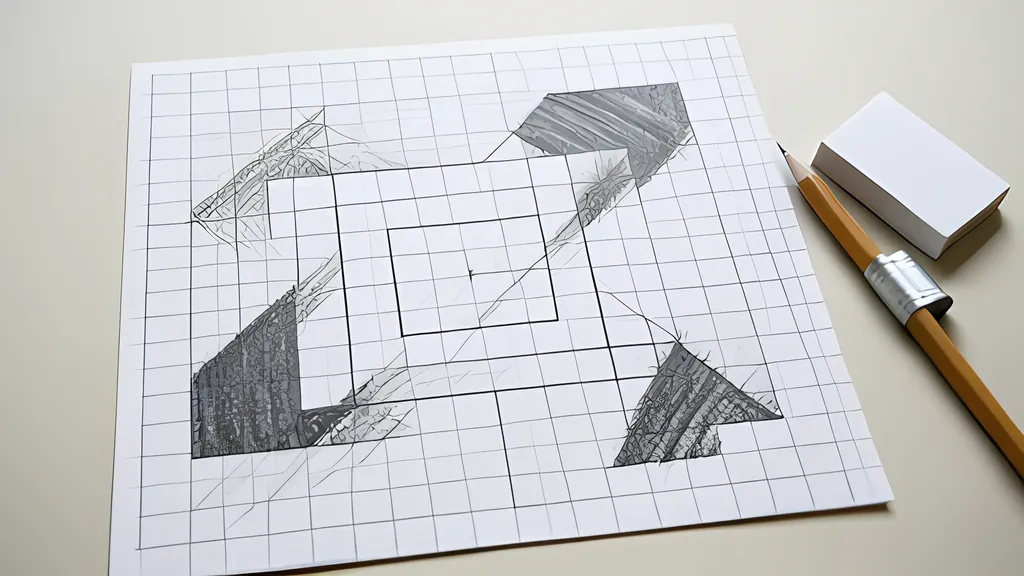 A sheet of square graph paper with a pencilled square spiral and some squares shaded dark in diagonal streaks, a pencil and an eraser beside it
