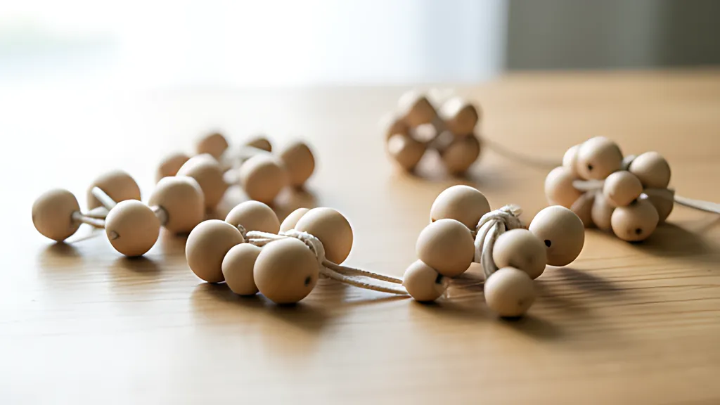 Small clusters of pale wooden beads on a wooden table, some clusters tied together by short white cords into larger groups, in soft daylight.