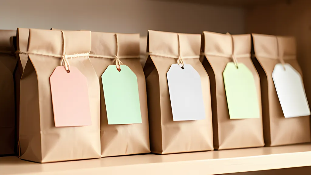 A row of brown paper parcels on a shelf, each with several blank coloured tags tied on with string, in warm light.