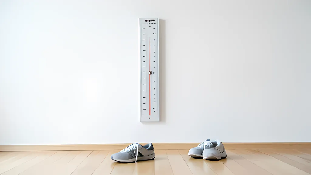 A tall white measuring scale with a thin red line mounted on a bright white wall, and a pair of gray sneakers on the pale wooden floor below it
