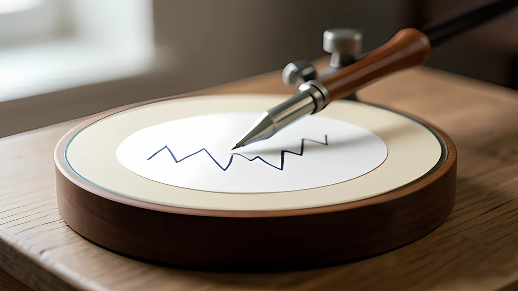 A metal-tipped pen on a wooden arm traces a jagged blue line across a round white sheet set in a wooden base on a table, in soft window light.