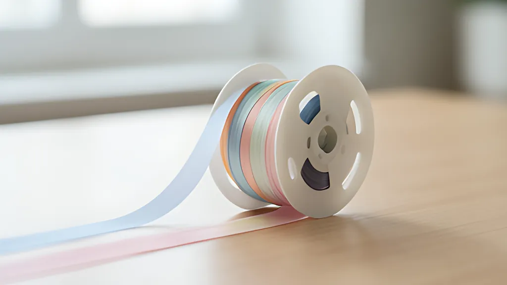 A small rounded film reel resting on a desk, unspooling into soft coloured ribbons of different widths, one ribbon for each track.