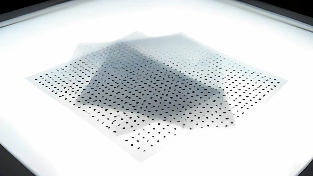 Two clear plastic sheets printed with rows of black dots, lying overlapped at an angle on a glowing white light table, with the overlap showing as a darker patch.