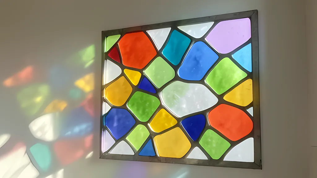A framed stained glass panel of irregular red, blue, green, yellow and clear cells on a pale wall, with sunlight throwing colored patches beside it
