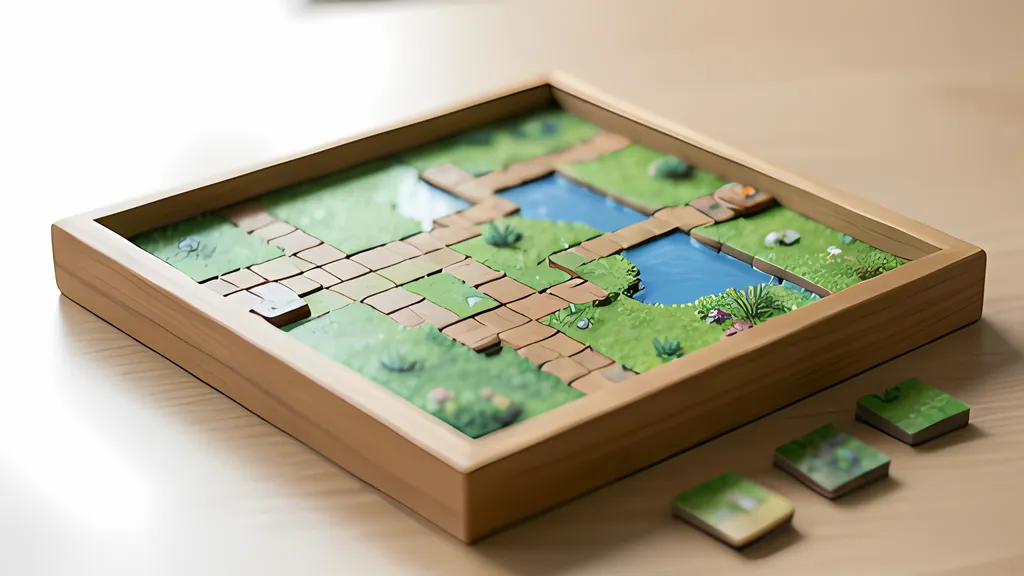 A shallow wooden tray on a table holding square tiles that join into a small map of grass, brick paths and blue water, with three loose grass tiles lying beside it.