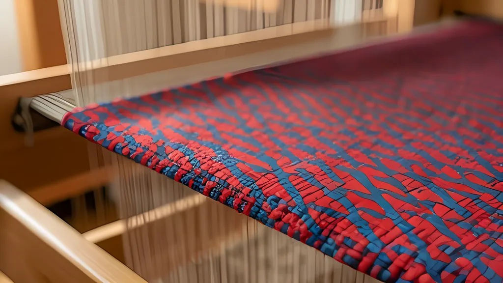 Close view of handwoven cloth on a wooden floor loom, red and blue yarns crossing in a diagonal twill, in warm light.