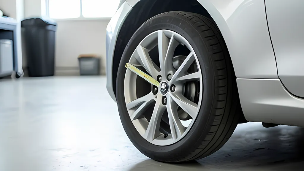 An alloy wheel on a silver car in a clean garage, with a yellow tape measure laid across the face of the rim