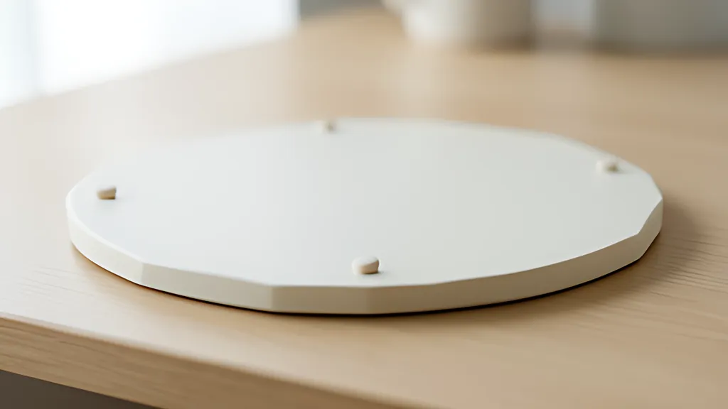 A pale rounded board on a desk with a soft lime polygon outline and small rounded violet pins at each of its corners