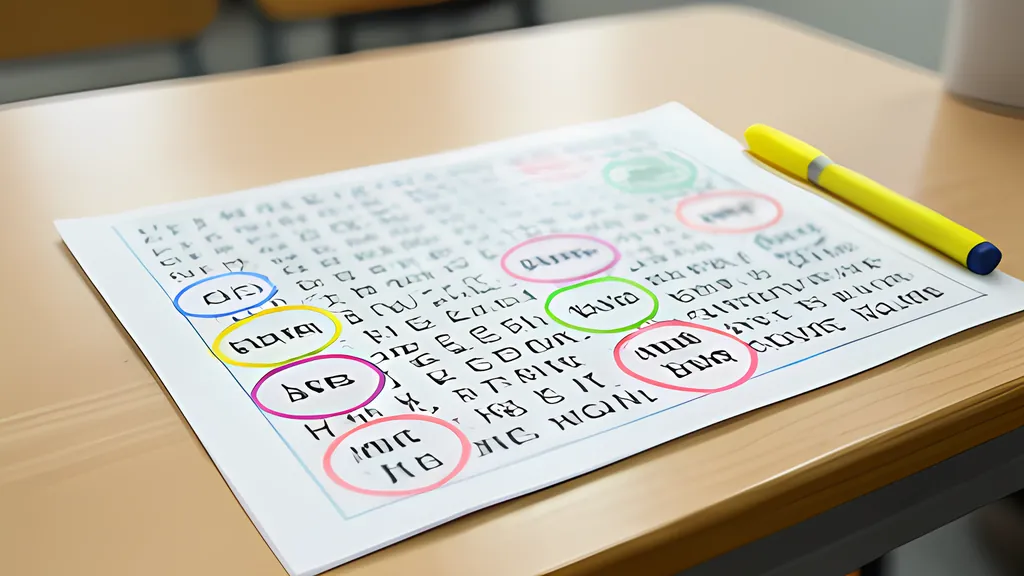 A printed word search sheet on a classroom desk with several words circled in yellow highlighter and a highlighter pen lying beside it