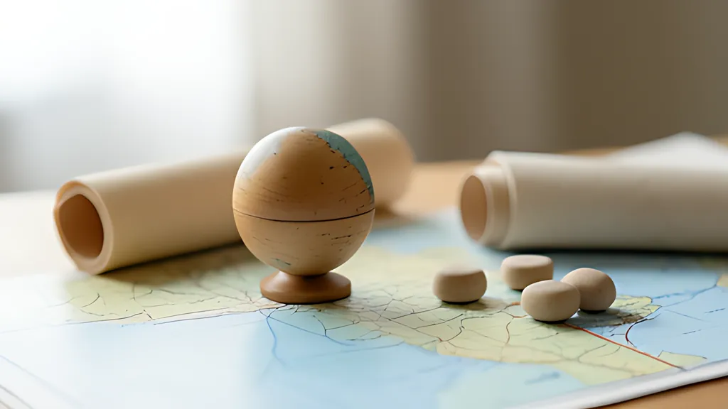 A small wooden globe on a stand, two rolled paper scrolls and four round clay tokens resting on a pastel map spread across a desk.