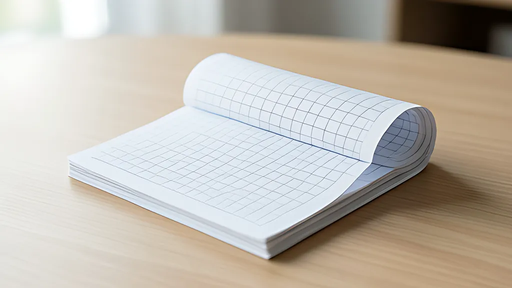 A thick stack of grid-ruled sheets lying open on a wooden table, the top pages curling up at one corner.