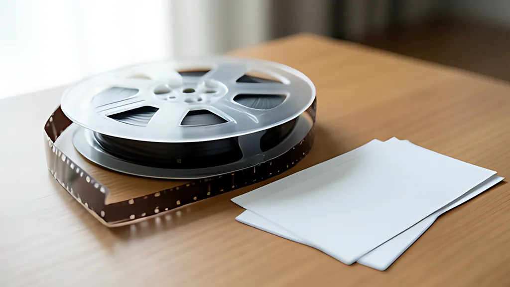 A metal film reel with a loose strip of blank film curling beside a few plain blank index cards on a wooden desk in soft daylight.