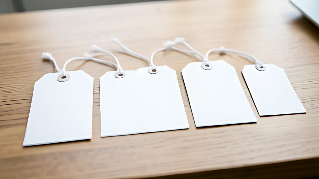 Five blank white paper luggage tags with white strings and metal eyelets laid in a row on a light wooden desk in soft daylight.