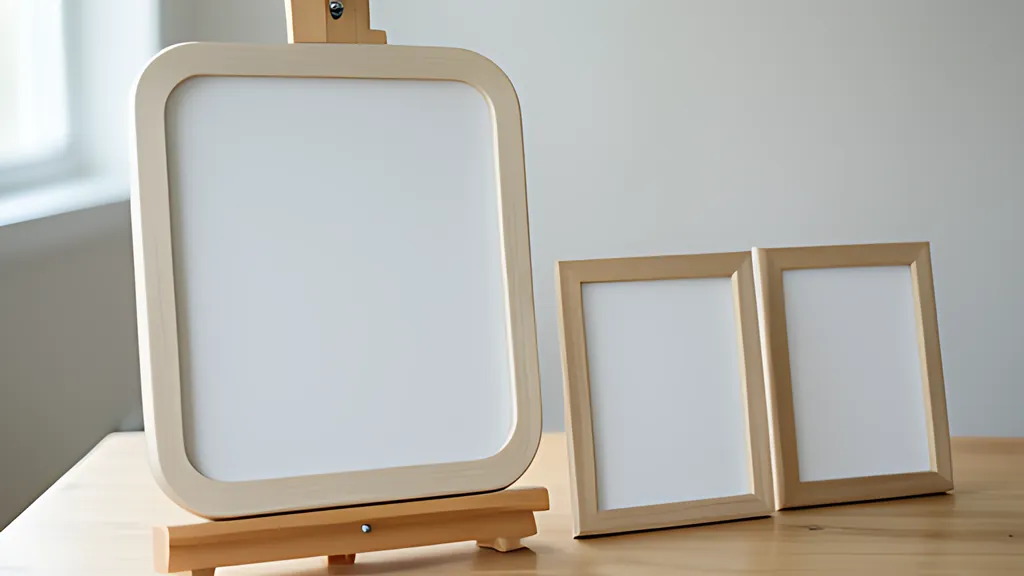 A large blank picture frame with rounded corners on a wooden easel, with two smaller blank wooden frames standing beside it on a light table in soft daylight.